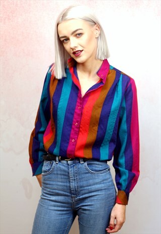1980S VINTAGE COLOURFUL STRIPE BUTTON UP BLOUSE
