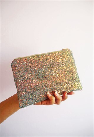 GLITTER MAKEUP BAG IN GREY & ROSE GOLD