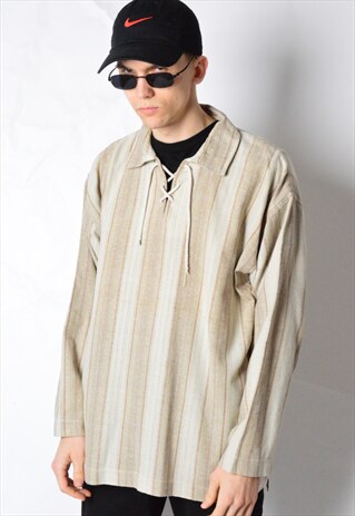 VINTAGE 80S BEIGE STRIPED LINEN LONG SLEEVE SHIRT
