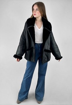 80's Vintage Arse Nito Black Leather Shearling Ladies Coat