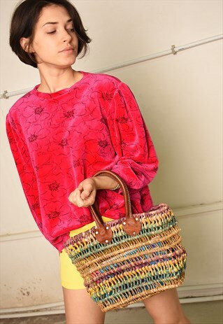 VINTAGE 80'S SWEATSHIRT JUMPER IN PINK VELVET FLORAL PRINT