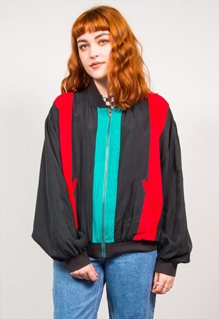 VINTAGE 90'S BLACK STRIPED OVERSIZED SILKY BOMBER JACKET