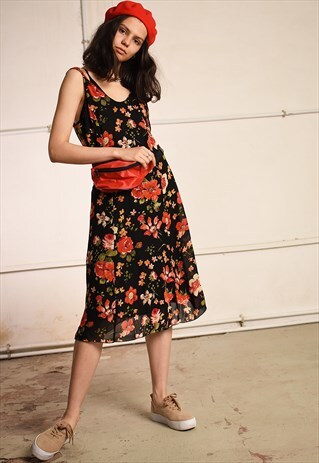 90'S RETRO FLORAL PRINT SUMMER MIDI FESTIVAL TEA DRESS