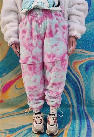 TIE-DYE FLEECE JOGGERS HANDMADE Y2K DETACHABLE OVERALLS PINK