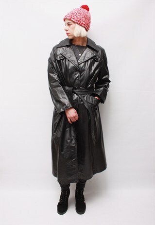 VINTAGE 90' AMAZING BLACK LONG LEATHER COAT