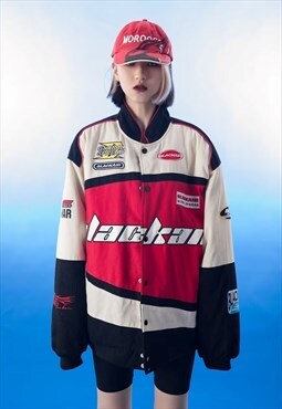 Motorcycle jacket multi patch padded Racing bomber in red