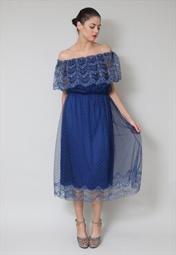 70's Ladies Vintage Dress Blue Lace Off Shoulder Midi