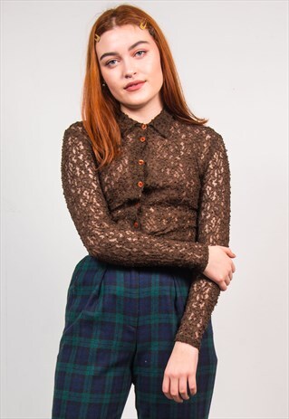 VINTAGE 90'S BROWN LACE PATTERN LONG SLEEVE SHIRT BLOUSE