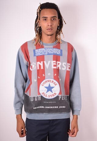 CONVERSE MENS VINTAGE SWEATSHIRT JUMPER MEDIUM GREY STRIPES