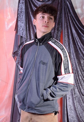 VINTAGE ASICS GREY, BLACK AND WHITE TRACK JACKET
