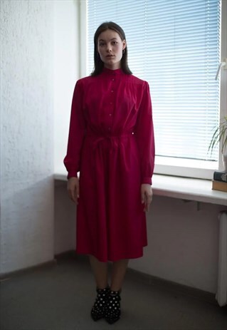 VINTAGE 80'S MIDI HOT PINK LONG SLEEVED DRESS