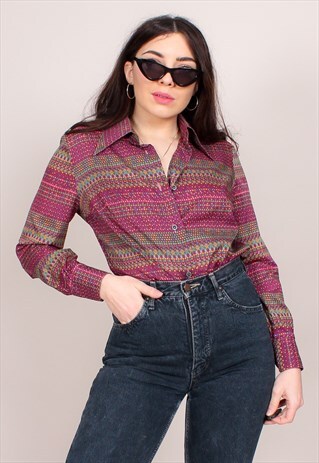 VINTAGE 70S STRIPE PRINT MAROON BLOUSE