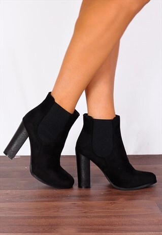 BLACK ELASTIC GUSSET FAUX SUEDE HIGH HEELS ANKLE BOOTS
