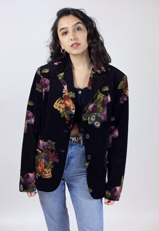 VINTAGE 90'S FLOWER PATTERNED BLACK VELOUR JACKET