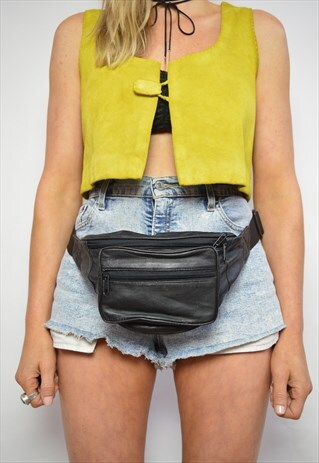 VINTAGE 90S BLACK LEATHER BUM BAG FANNY PACK GRUNGE RETRO