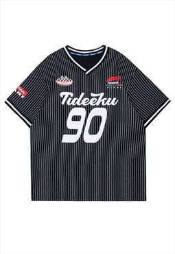 Motocross t-shirt Y2K tee striped sport retro top in black