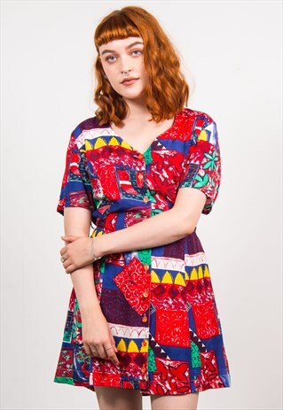 VINTAGE 90'S COLOURFUL BRIGHT PATTERN DRESS