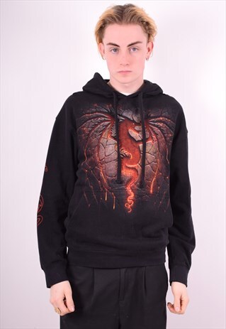 MENS VINTAGE HOODIE JUMPER MEDIUM BLACK 90'S