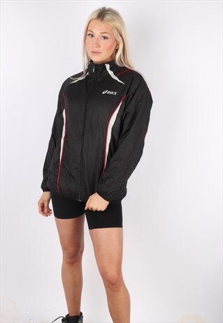 VINTAGE ASICS JACKET BLACK SHELL SUIT BOMBER COAT SPORTS 90S