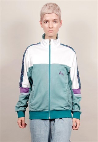 VINTAGE 80'S ASICS TAPED MULTICOLOUR SPORTS TRACKSUIT JACKET
