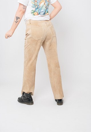 VINTAGE 70S STRAIGHT FIT BROWN SUEDE TROUSERS WITH LACE M