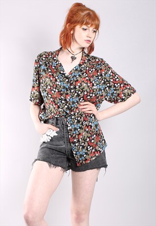 VINTAGE 70S FLORAL FRUIT PATTERNED LOOSE FIT BLOUSE TOP
