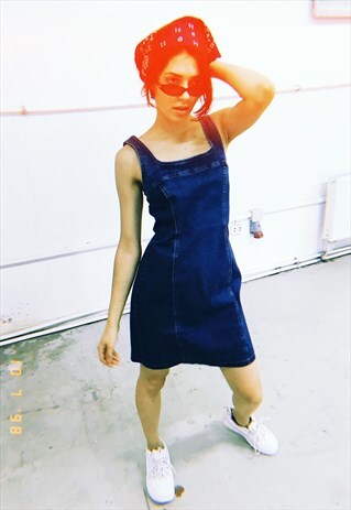 VINTAGE 90S FESTIVAL PINAFORE MINI DRESS IN BLUE DENIM