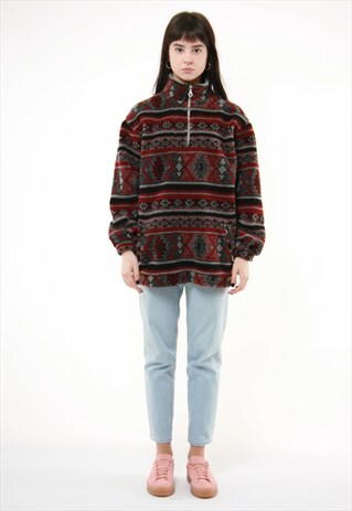 90S VINTAGE FLEECE ABSTRACT PRINT 1/4 ZIP JUMPER PULLOVER 38