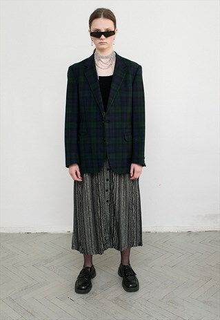 VINTAGE BLAZER WOOL BLUE GREEN PLAID ELEGANT OFFICE JACKET