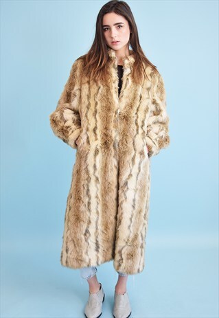 VINTAGE 70'S RETRO OVERSIZED FAUX FUR NEUTRAL LONG COAT