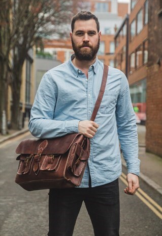 LARGE DARK BROWN LEATHER MESSENGER SATCHEL