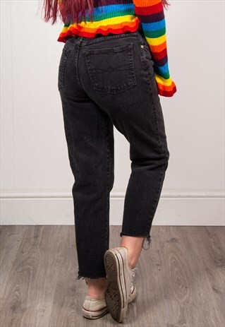 VINTAGE 90'S BLACK DENIM HIGH WAIST RAW HEM MOM JEANS