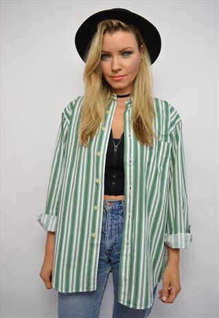 90S WRANGLER DEADSTOCK OVERSIZED GREEN & WHITE STRIPED SHIRT