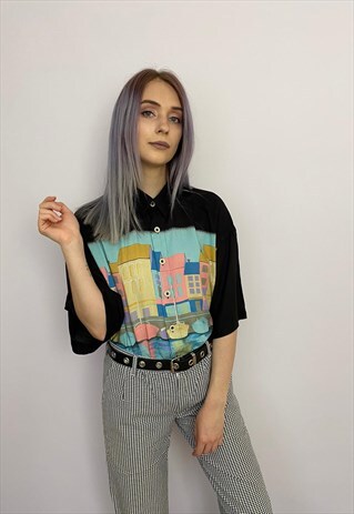 VINTAGE 90S BLACK PASTEL BLUE PINK HOME PRINT SHIRT