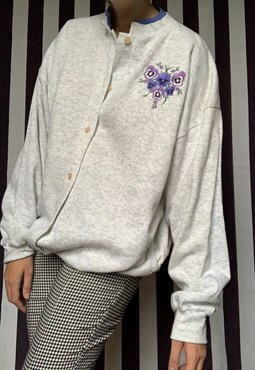 Vintage 90s grey cotton floral sweatshirt, Plus size UK22