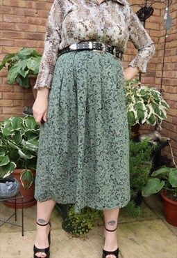 Vintage 90s Green Cottage Floral Flower Festival Midi Skirt