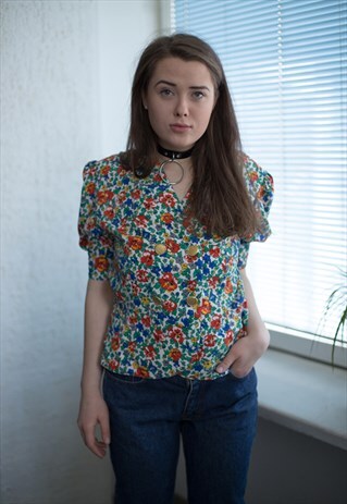 VINTAGE 80'S MULTICOLOUR FLOWER DOUBLE BREASTED BLOUSE