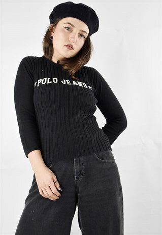 BLACK VINTAGE RIBBED RALPH LAUREN LONG SLEEVE KNITTED JUMPER