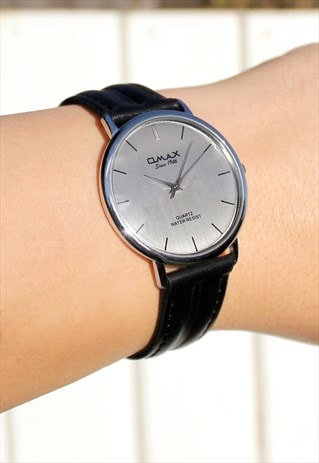 OMAX SILVER SLIM LEATHER WATCH