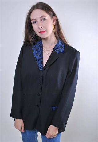 VINTAGE WOMEN EVENING BLACK ABSTRACT COLLAR BLAZER, SIZE M