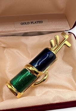 Vintage Golf Brooch Green Blue enamel Gold Plated