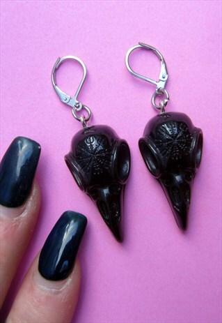 BLACK GOTH CROW SKULL HALLOWEEN HORROR EARRINGS