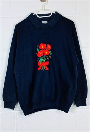 VINTAGE 90S SWEATSHIRT BLUE WITH EMBROIDERED FLOWERS