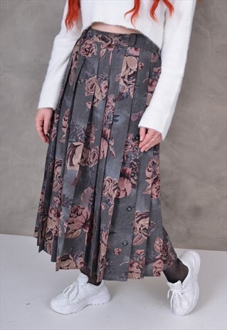 VINTAGE FLORAL PLEATED MIDI SKIRT IN PURPLE