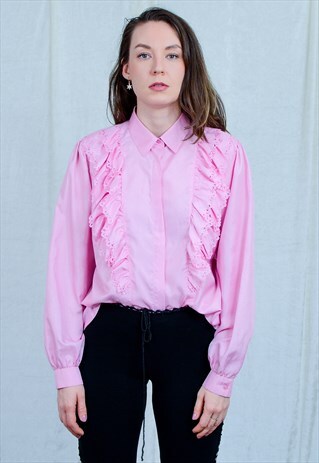 PINK SHIRT EDWARDIAN VINTAGE BLOUSE TOP RUFFLE LONG SLEEVE