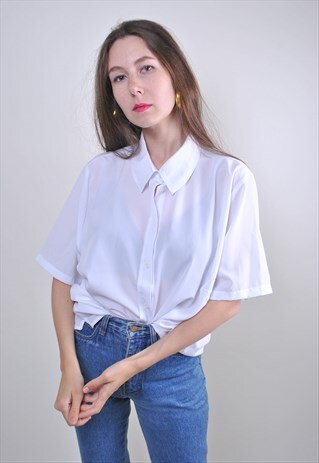 80S WHITE WOMEN VINTAGE MINIMALIST BLOUSE FOR WORK