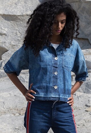 HARPER - BOXY DENIM REWORKED SHIRT WITH FRAYED EDGES