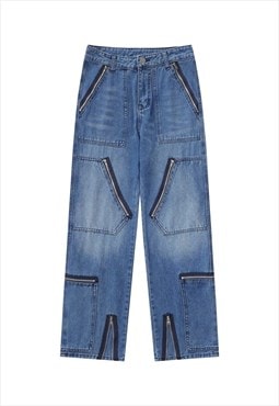 Skater jeans grunge zipper denim pants in vintage blue