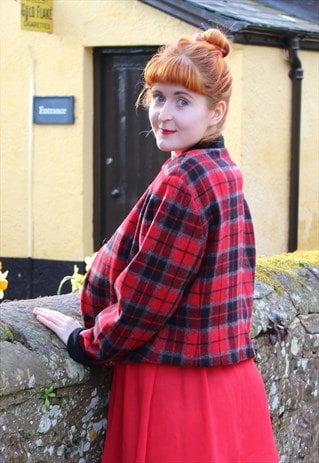 VINTAGE 80S RED BLACK TARTAN CHECKERED VELVET BLAZER JACKET