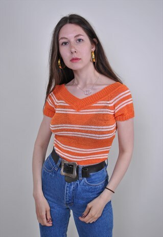 VINTAGE OENGE STRIPED KNIT BLOUSE, SIZE S
